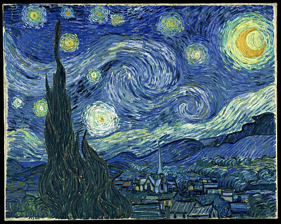 La Noche Estrellada de Vincent van Gogh, mostrando cielos azules arremolinados con pinceladas gruesas y visibles