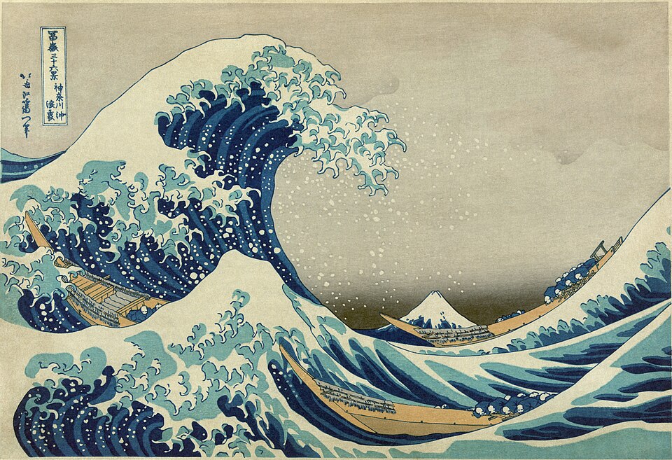 La Gran Ola de Kanagawa, un famoso grabado en madera de Hokusai que muestra una ola gigantesca con el Monte Fuji al fondo