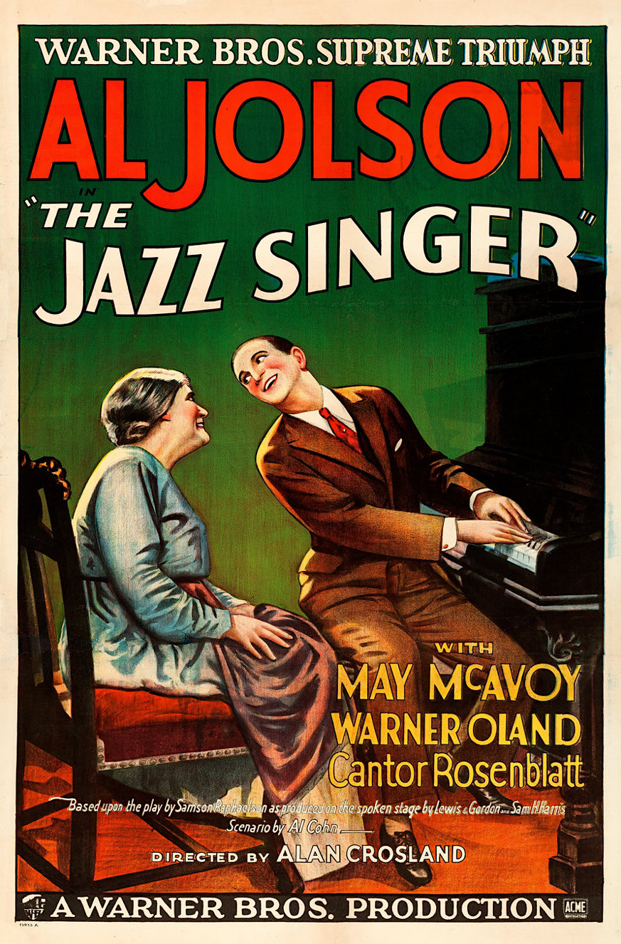 Póster de la película El Cantor de Jazz de 1927, la primera película importante con sonido sincronizado