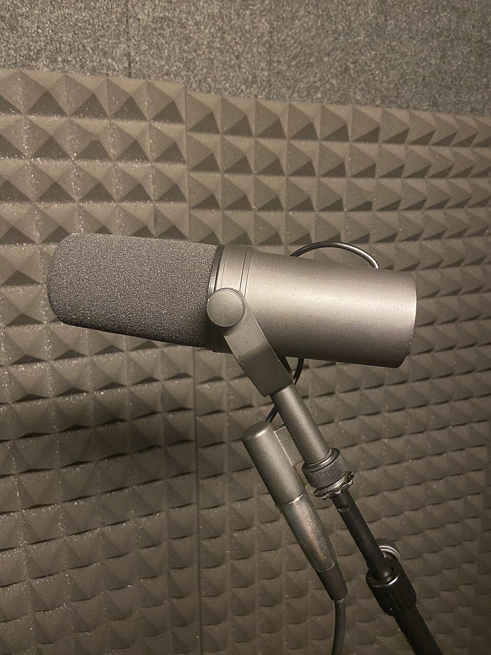 A professional studio microphone on a stand with sound-absorbing foam panels on the wall behind it