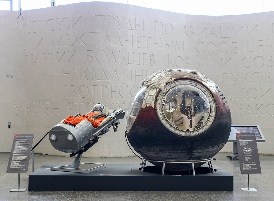A Vostok reentry capsule and ejection seat on display at a space museum