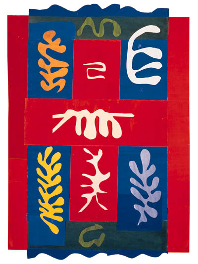 Un colorido collage de recortes de papel de Henri Matisse con formas de hojas y plantas en rojo, azul, amarillo y blanco