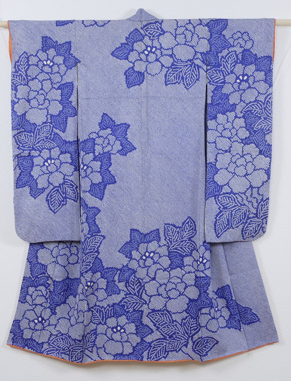 A Japanese shibori kimono with beautiful blue and white flower patterns