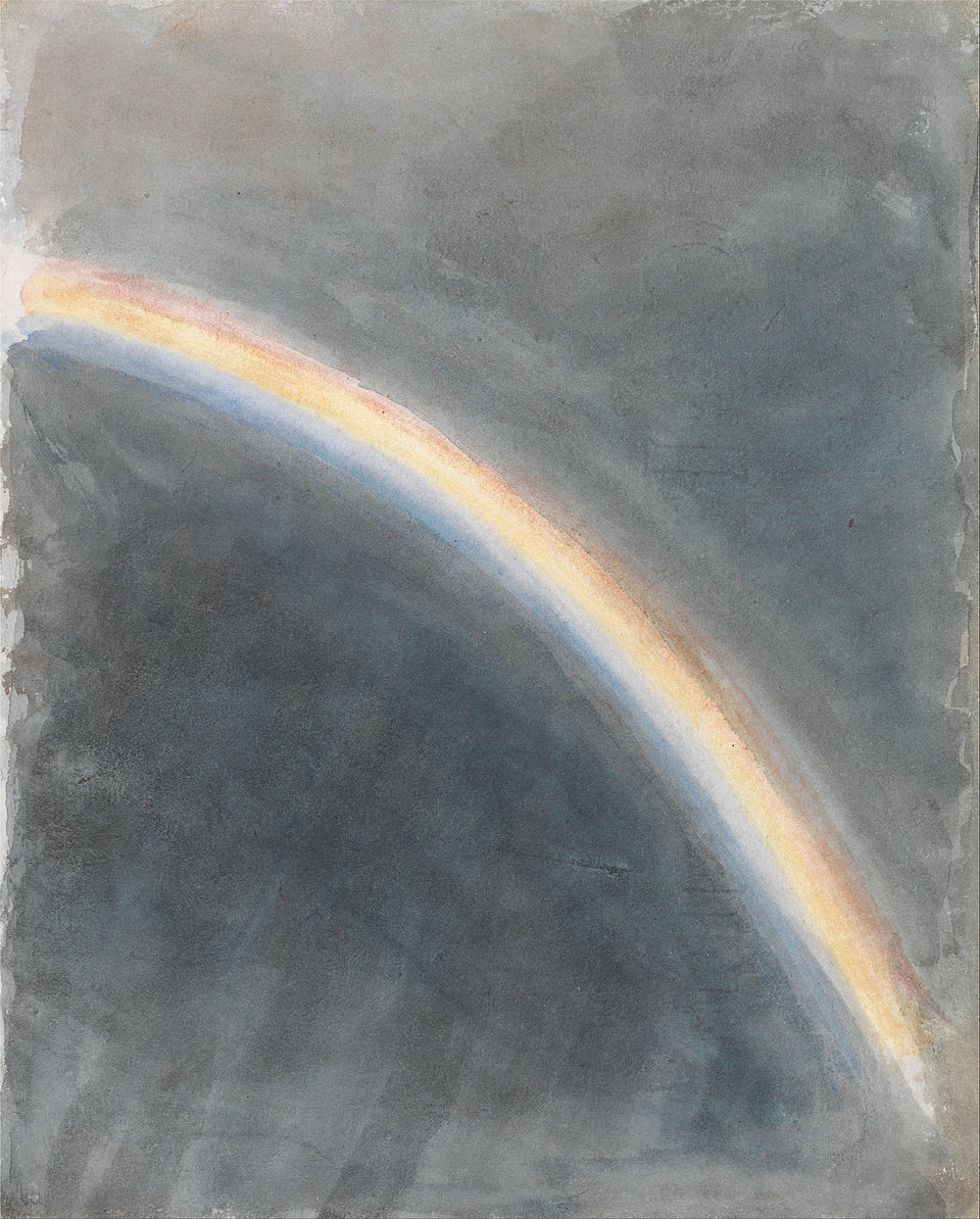 A watercolor painting of a rainbow in a cloudy sky by John Constable, showing soft blended colors