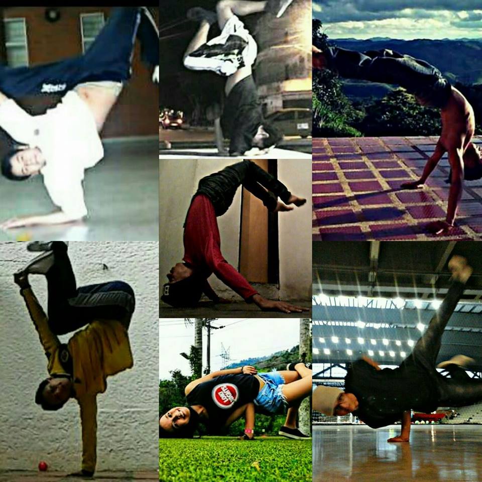 B-boys and b-girls performing different breaking moves like headstands and freezes