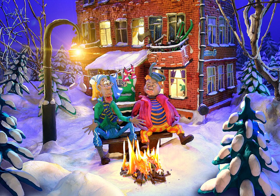 Colorful clay animation characters in a snowy winter scene