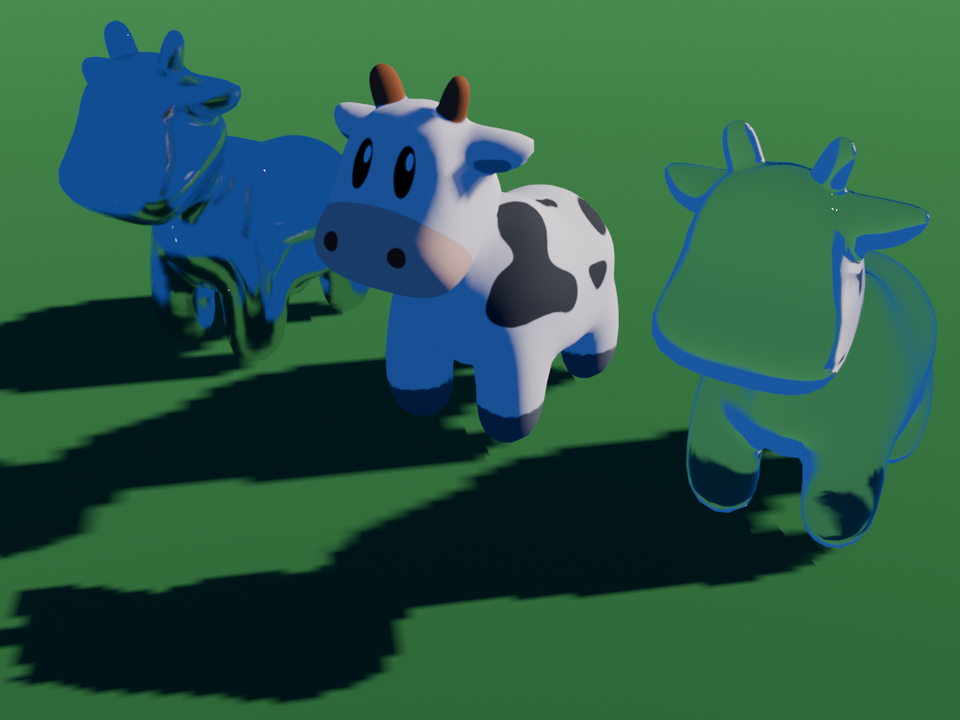 Una escena 3D hecha por computadora con vacas de dibujos animados coloridas que muestra cómo se crea la animación en computadoras
