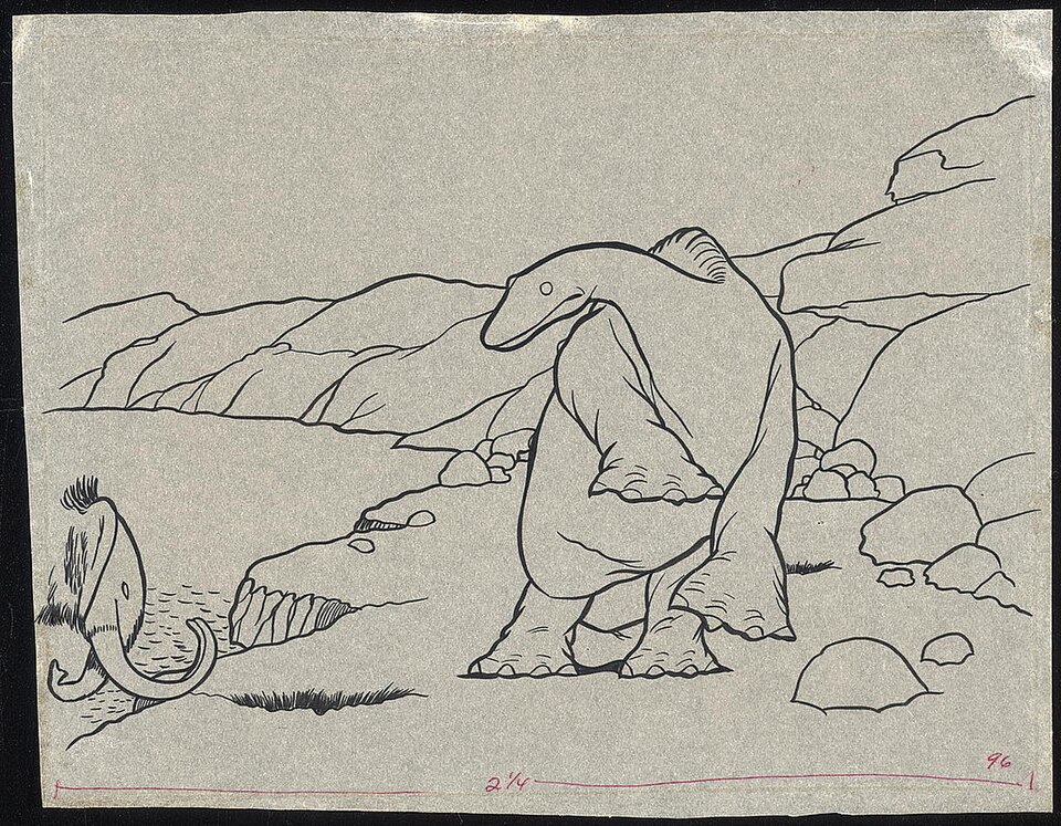 A hand-drawn animation cel from Gertie the Dinosaur, one of the earliest cartoons ever made