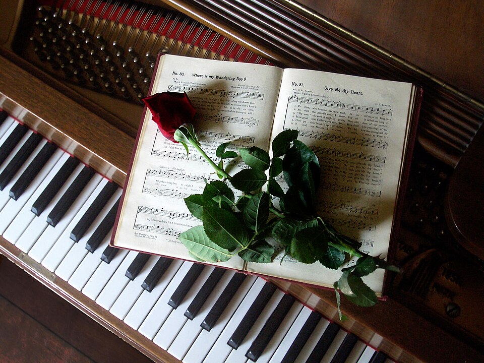 An open music book showing musical notes on a staff, resting on a piano keyboard