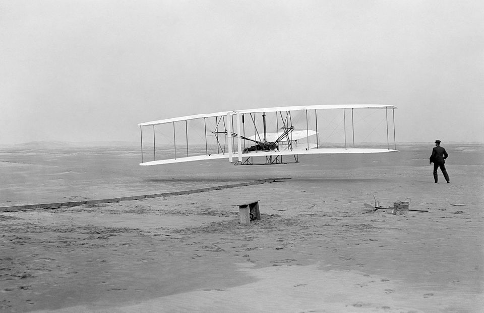 The Wright brothers’ first powered airplane flight at Kitty Hawk in 1903