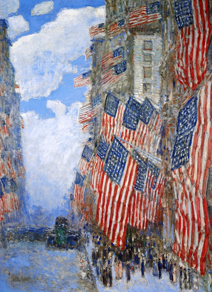 Painting of American flags decorating a city street for the Fourth of July